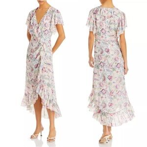 Cinq a Sept Sheilla Floral Ruffle V-Neck Short Sleeve Cocktail Midi-Dress Sz 10